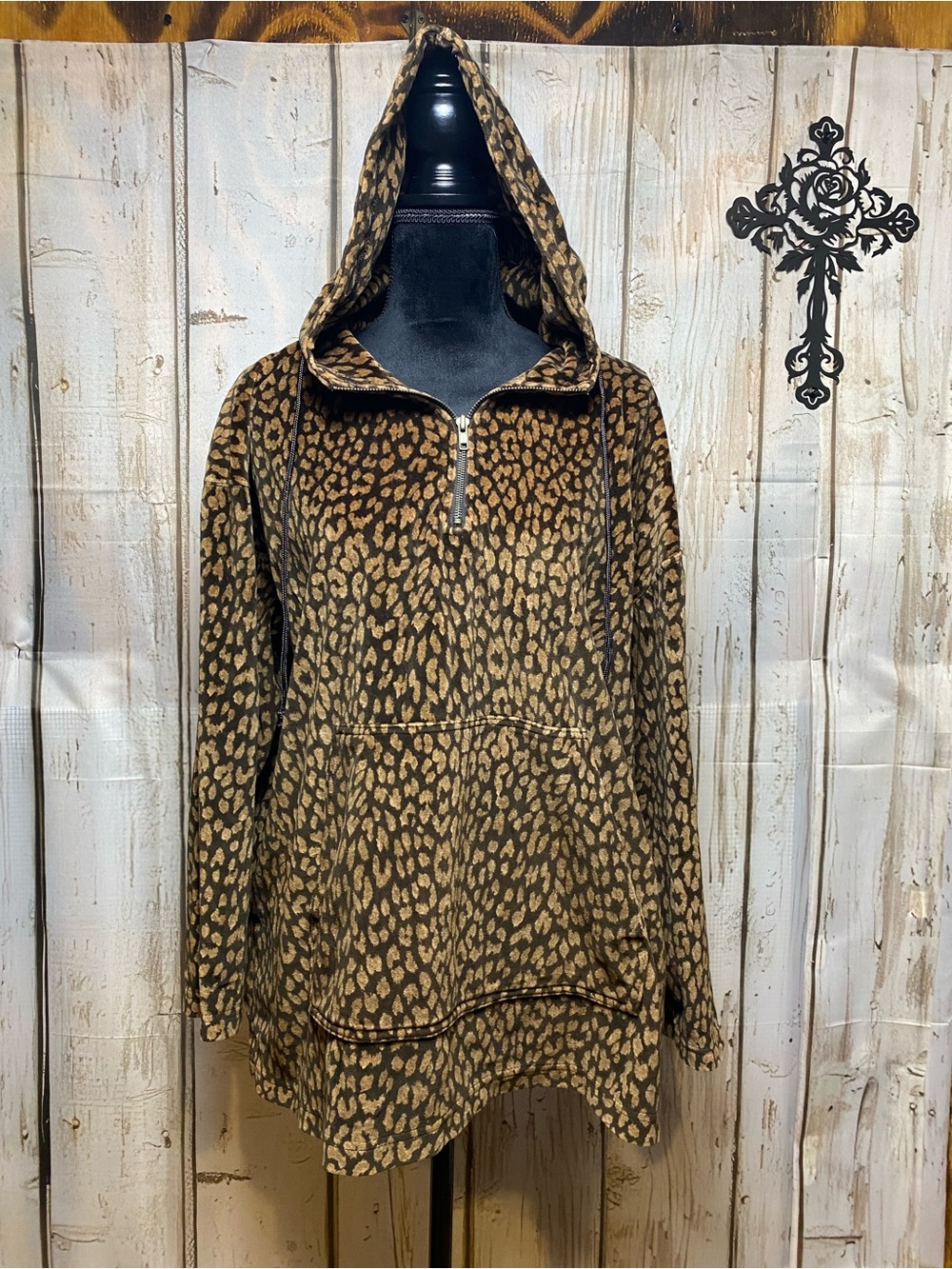 Jones New York Brown Velvet Leopard Print 3/4 Zip Hoodie Sz-L
